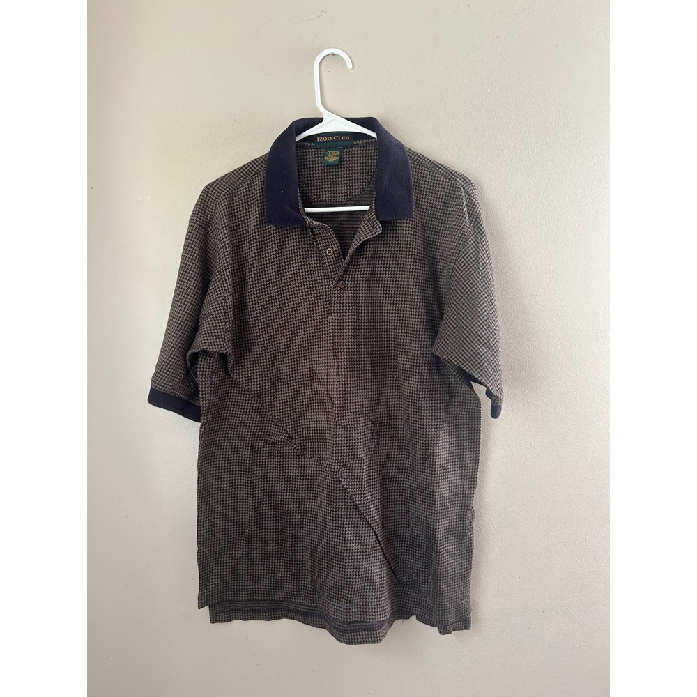 IZOD CLUB Mens Houndstooth Golf Polo Shirt‎ Short Sleeve Brown Casual